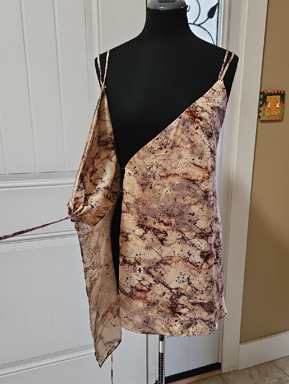 Zara Beige Marble Print Sateen Wrap Mini Dress XS W/ Double Spaghetti Straps - Picture 8 of 13